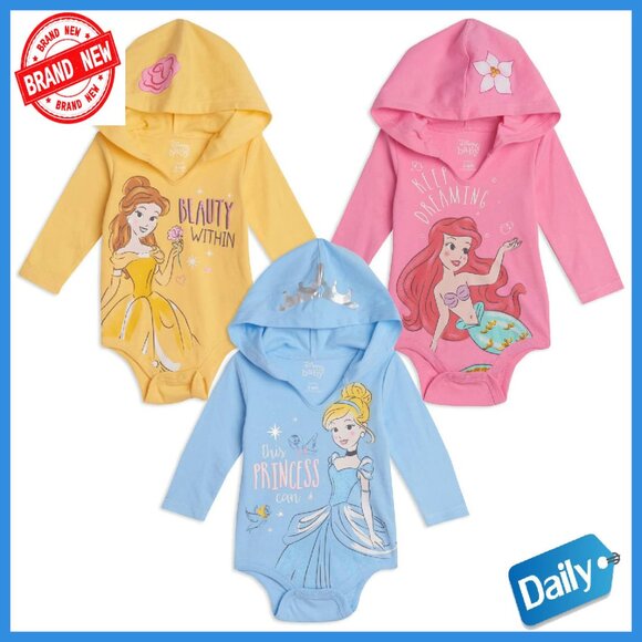 3-Pack Long Sleeve Hooded Bodysuits Newborn Infant 0-24M
